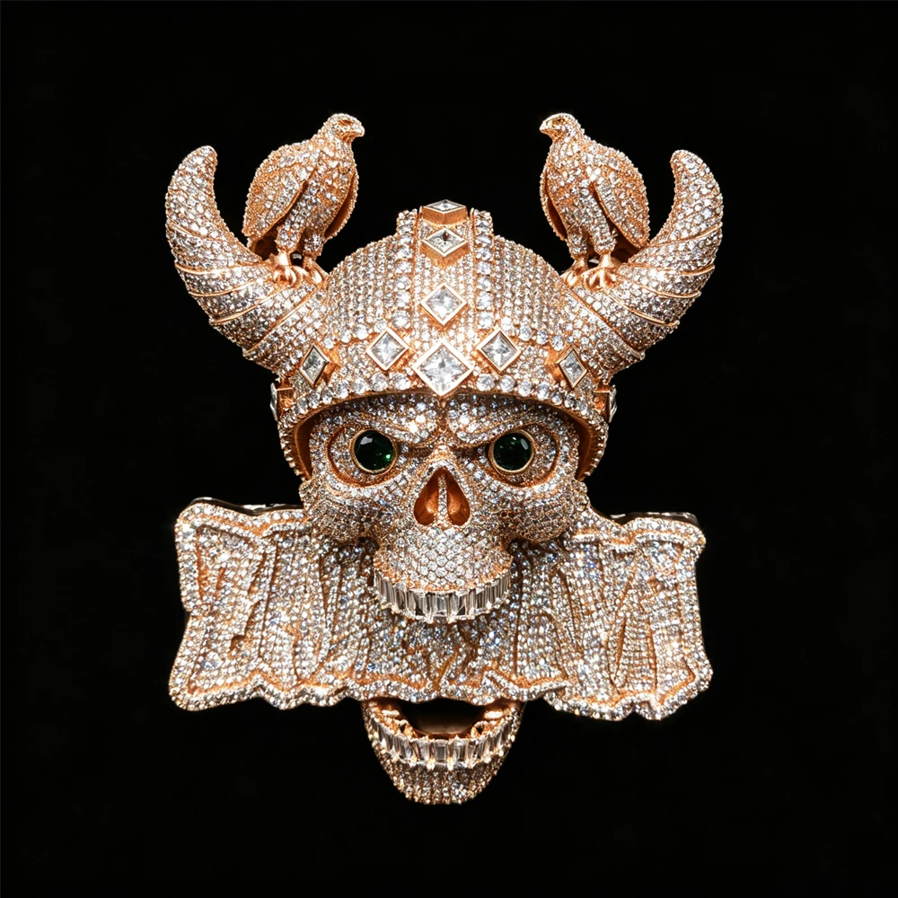 Iced Out Skull Pendant 18K Gold Plated Hip Hop Horned Skull Green Gem Eyes Bird Bling Streetwear Necklace Accessories For Rapper