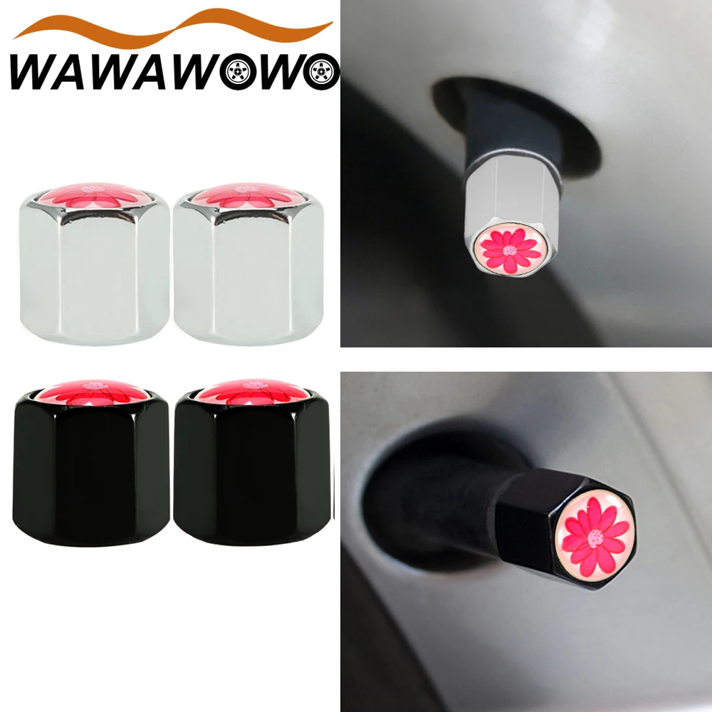 4Pcs/Set Red Flower Pattern Style Zinc Alloy Tire Wheel Valve Stem Air Caps Cover for Cars, SUVs, Bicycle, Trucks, Motorcycles