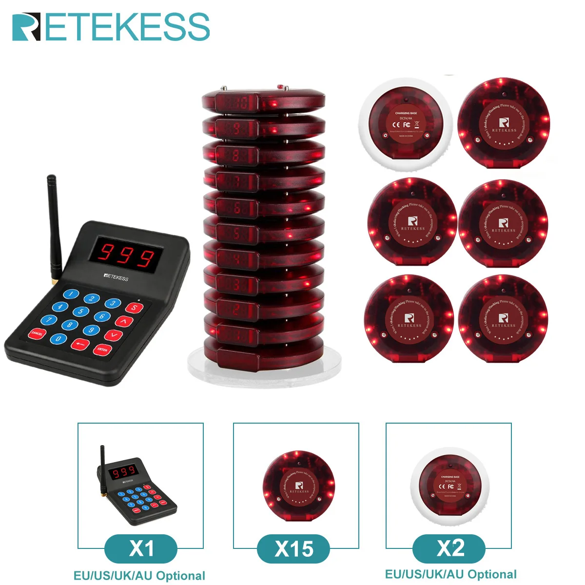 RETEKESS T119 Draadloos Restaurant Oproepsysteem Coaster Vibrater Buzzer Ontvanger 2-weg opladen voor Cafe Food Trucks