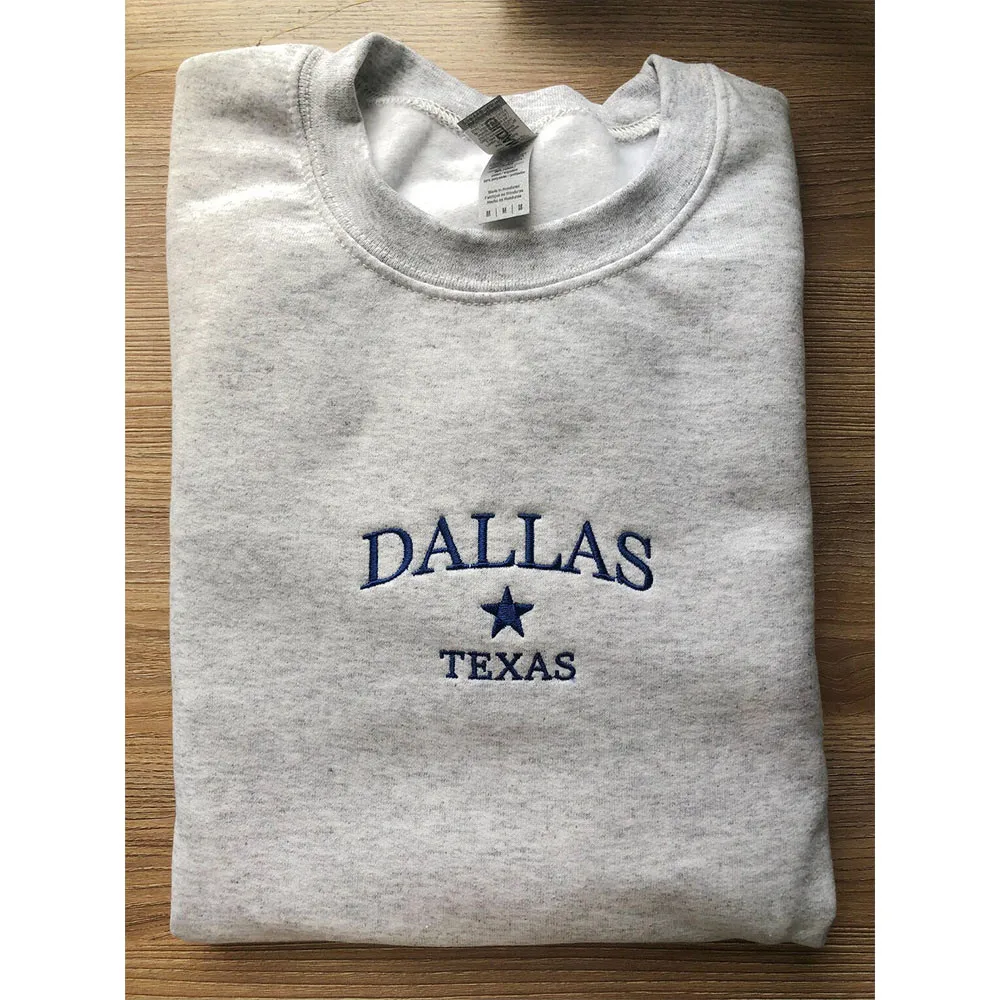 Dallas Texas Letters Embroidered Western Sweatshirts Autumn Loose Cotton Autumn Thick Fleece Warm Pullover Women Retro Jumper