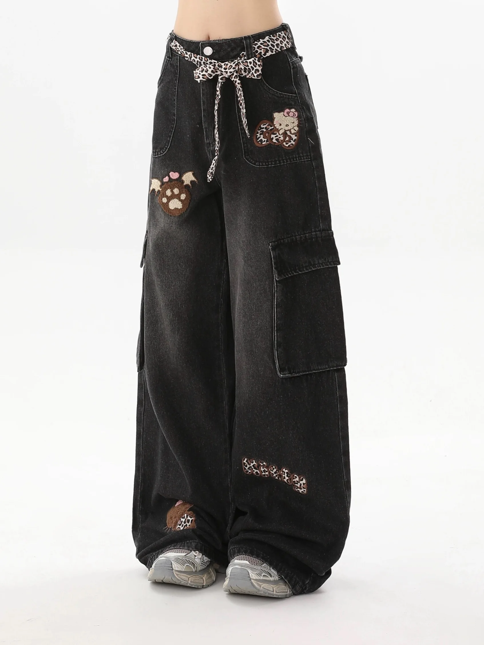 Y2K Leopard Print Cat Patch Jeans Women Retro Embroidered Wide Leg Loose High Street Summer Pants