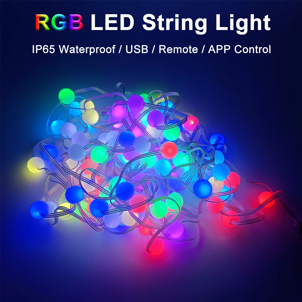 LED String Light WS2812B Bluetooth Smart APP Remote Control RGB USB Round Ball Lights IP65 Waterproof for Christmas Room Decor