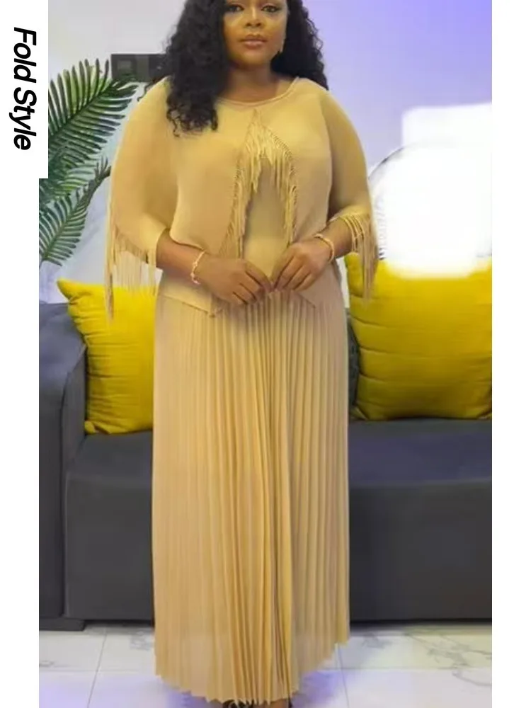 

Женский костюм Miyake, однотонный, с v-образным вырезом, с кисточками, смысл, темперамент, свободный, уменьшающий возраст, длинный комплект из двух предметов, новинка