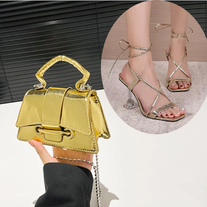 الزجاج والصيف موضة جديدة نمط مربع حزام الرأس صنادل عالية الكعب الصنادل حزام كريستال كبير حقيبة كتف حقيبة صغيرة عادية #3