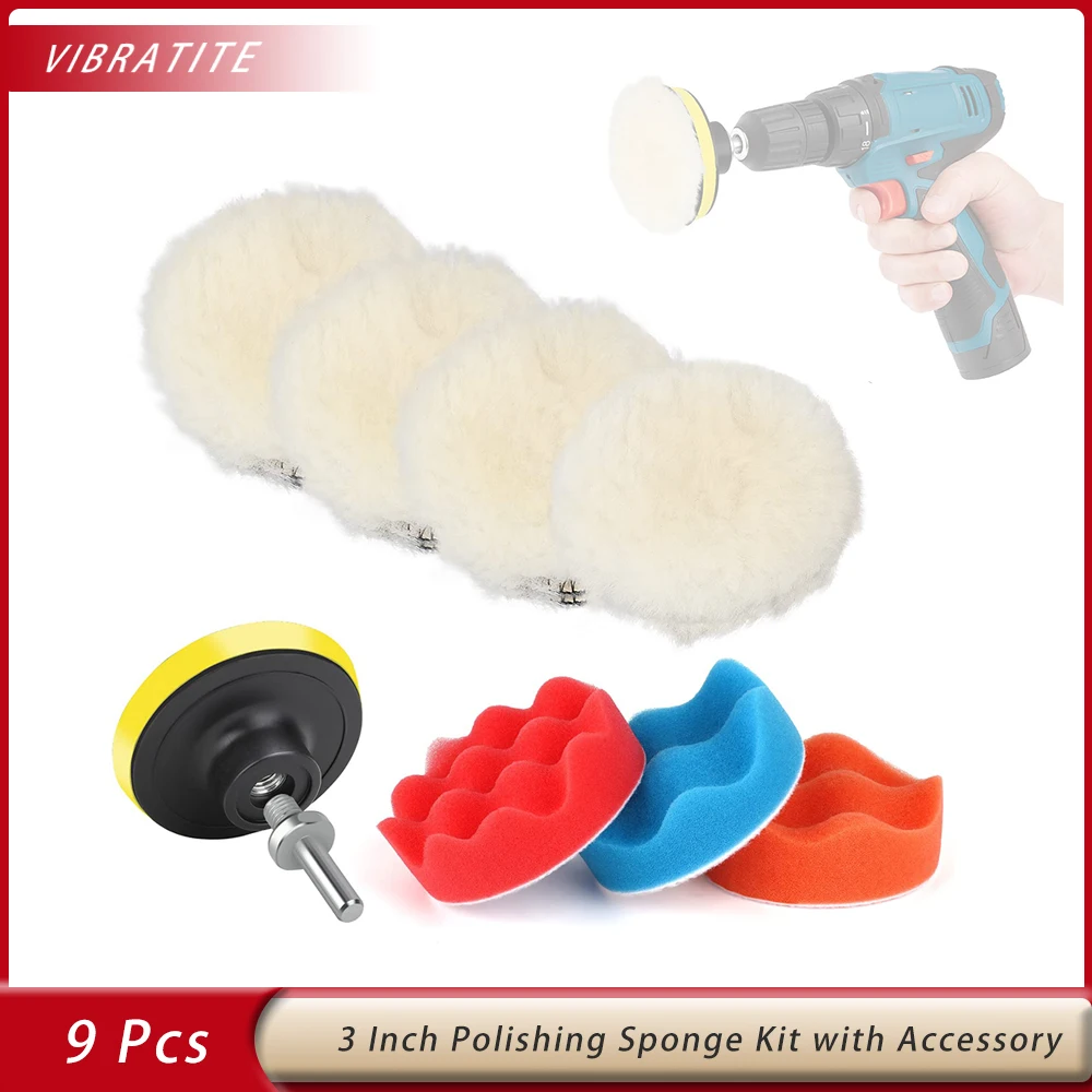 9 Pcs Drill Polishing Pad Kit 3 Inch Wool Buffing Polishing Pads Buffing Sponge Hook & Loop Backing Pad with M10 Drill Adapter F