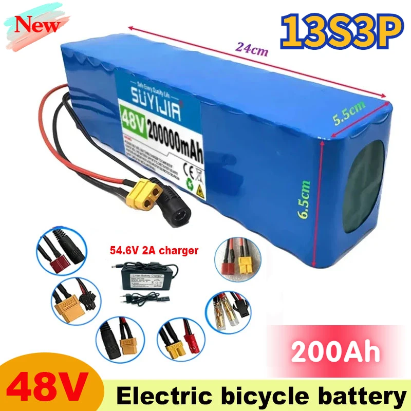 New 48V 200000mAh 1000w 13S3P XT60 48V Lithium Ion Battery Pack 100Ah for 54.6v E-bike Electric Bicycle Scooter with BMS+charger