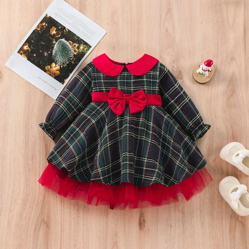 

2025 Fashion New Style Festival New Year Atmosphere Girl Christmas Checkered Bow Dress