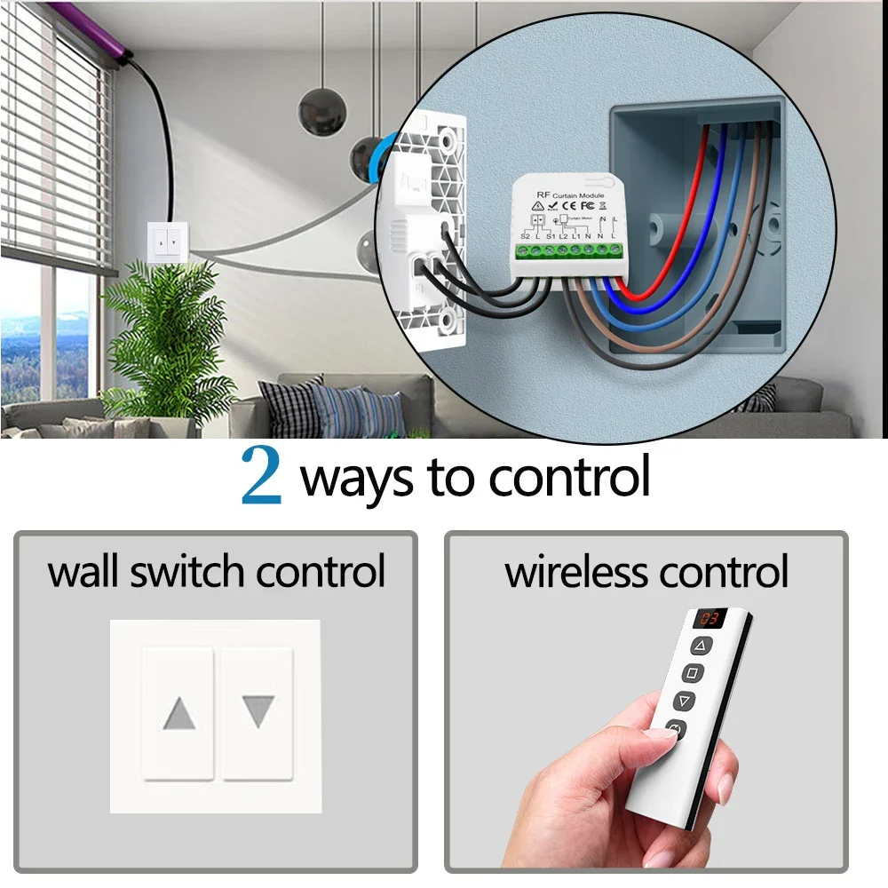 RF 433Mhz Electric Blind Curtain Switch with RF 5 Channels Remote for Electric Roller Shutter Curtain Motor Blinds for Windows