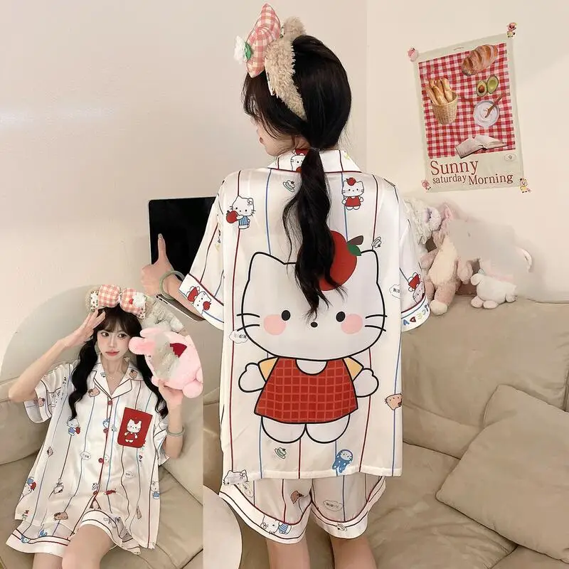 Women's New Summer Pajamas 2026Hello Kitty Best-Selling Cute Short-Sleeved Shorts Two-Piece Gift Ice Silk Cool Home Wear Cartoon