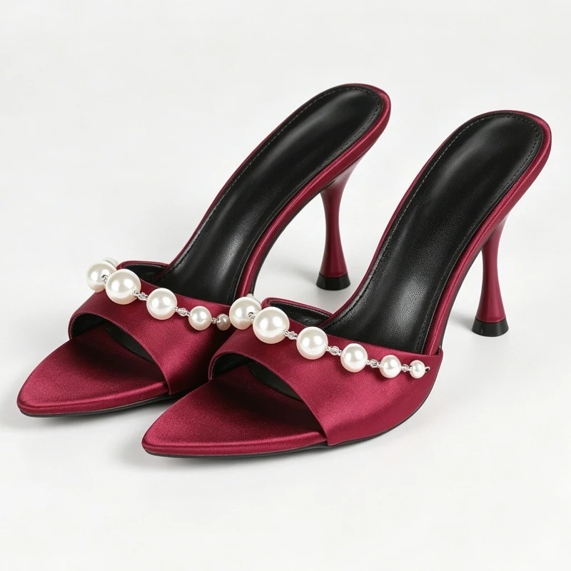

Elegant Satin Heeled Sandals Women String Beads Pointed Toe Stiletto Slippers Summer Open Toe Designer Dress Shoes for Ladies