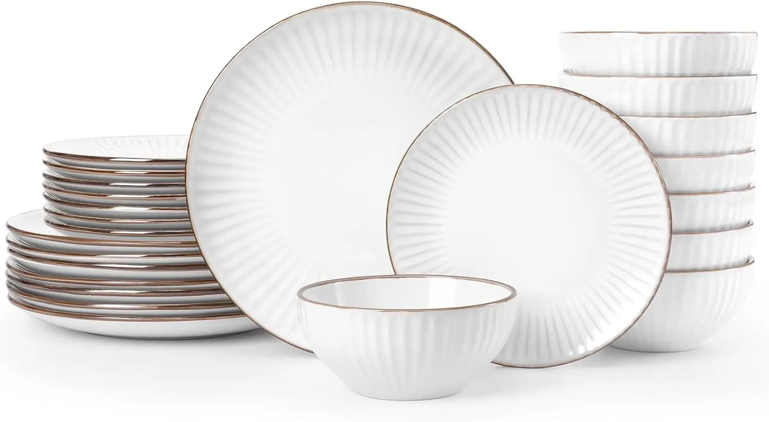 Famiware Plates and Bowls Sets, 24 Pieces Stoneware Dinnerware Sets, Dishes Set for 8, Microwave and Dishwasher Safe, White Stri