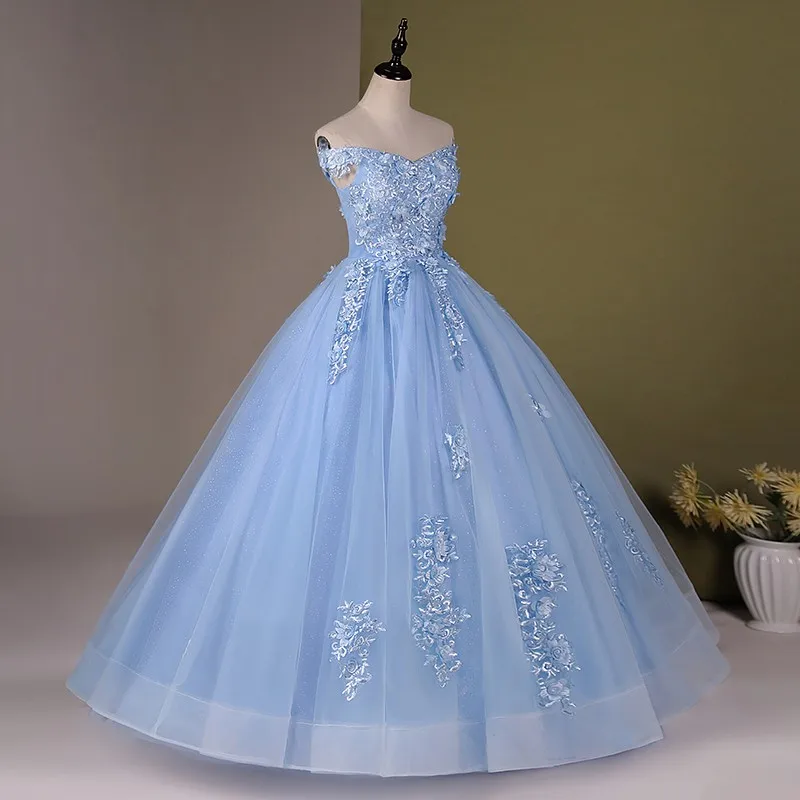 2024 Blue 15 Quinceanera Dress Off The Shoulder Appliques Quinceanera Dresses Sleeveless Ball Gown Party Prom Dress Customized