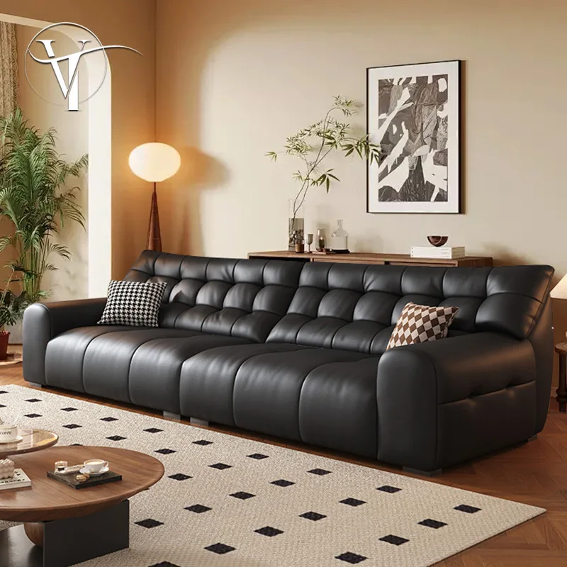 French retro big black bear modern minimalist sofa antique living room three or four people straight row black leather sofa
