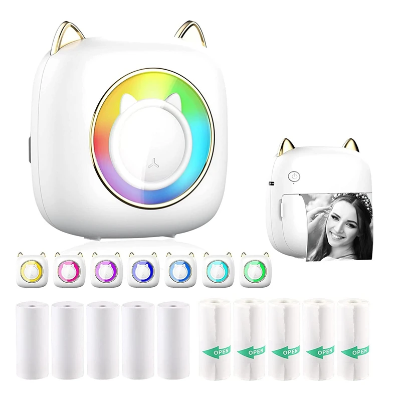 Mini Pocket Printer Bluetooth Inkless Printer With LED For Kids, Used In Home, Office, Study