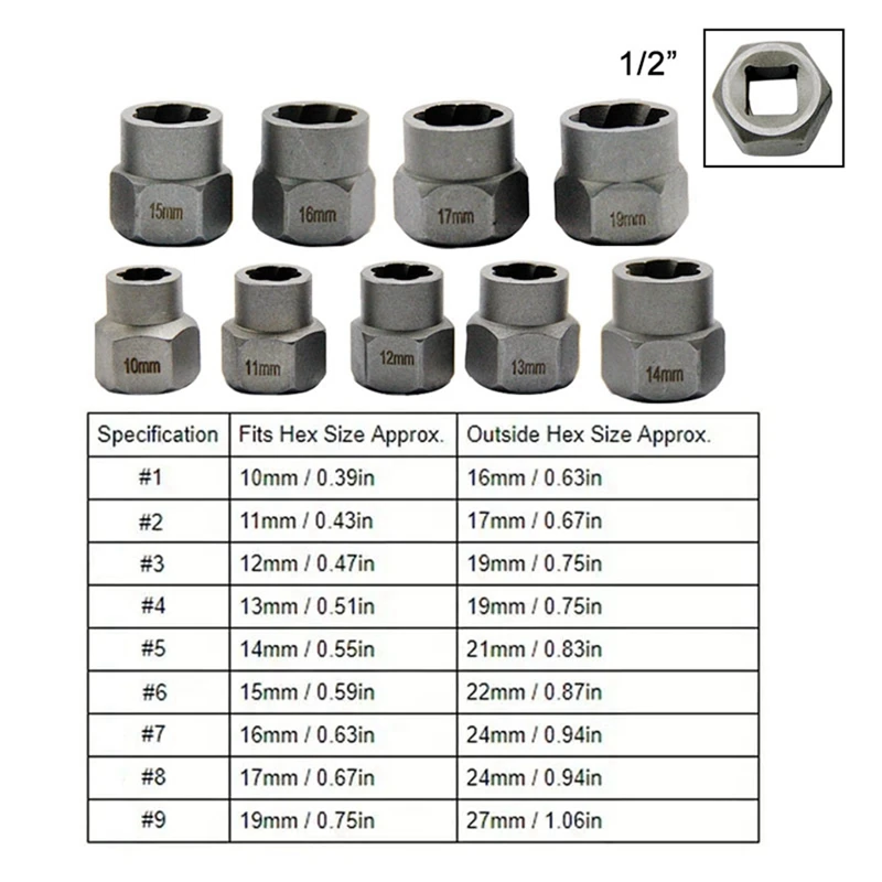 A98E-10Pc الجوز النازع 1/2 حفرة مربعة مدفع الهواء المفتاح الكهربائي استخدام الجوز المنزلق لإزالة مجموعة أدوات الصندوق الأحمر
