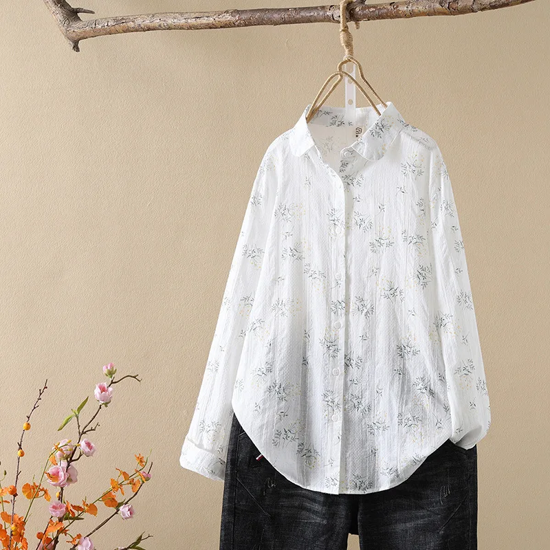 2024 Autumn New Women\'s Flower Printed Shirts Fresh Cotton Casual Loose Female Long Sleeve Blouses and Tops Lady Print Shirt