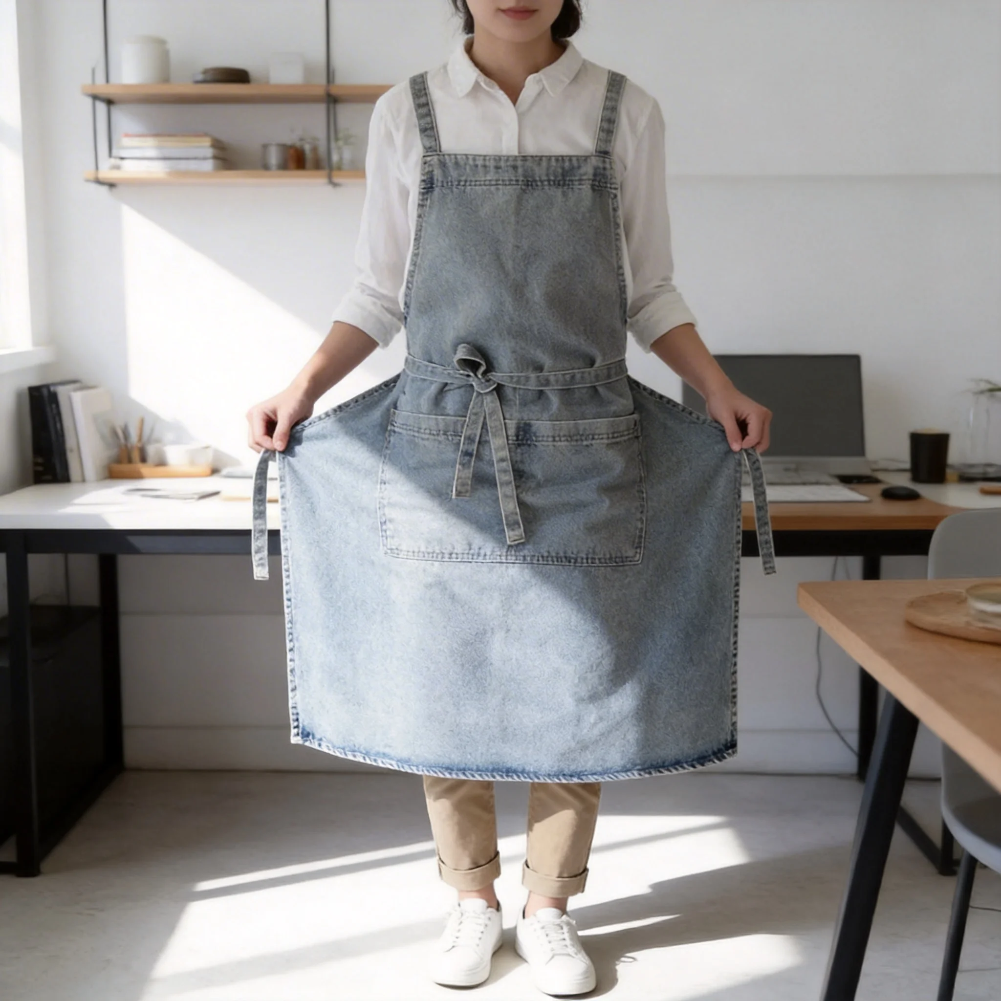 

Минималистичный джинсовый фартук без завязок на шее, для кухни, выпечки, шеф-повара, элегантный джинсовый фартук-сарафан для приготовления пищи, работы в ресторане и по домашним делам