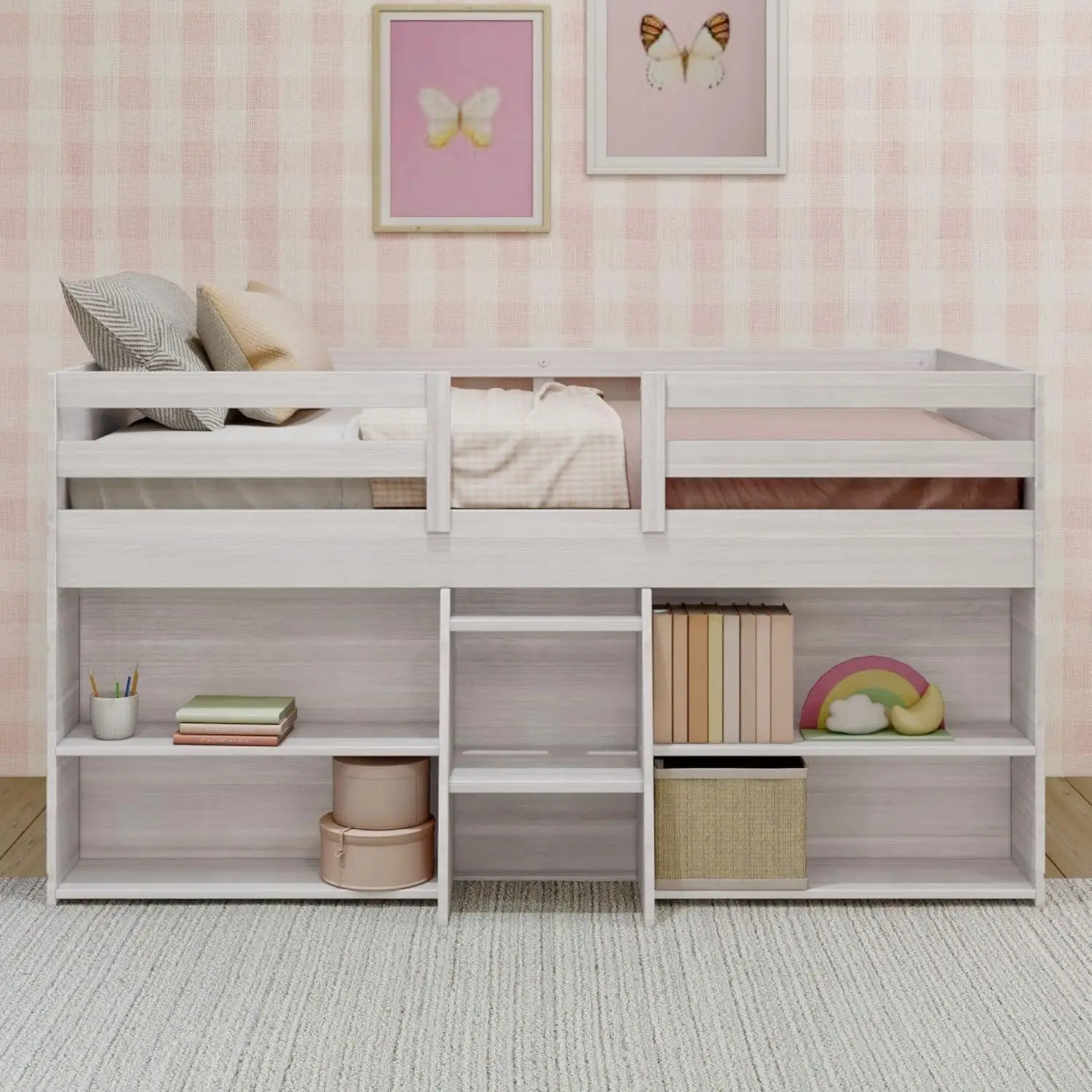 Cama alta baixa Lily Modern Farmhouse, estrutura de cama de solteiro para crianças com 2 estantes, lavagem branca