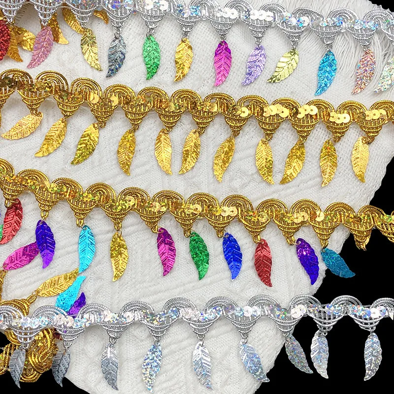 10yards Colorful Sequins Lace Sewing Apparel Trims Accessories DIY Fringe Paillette Tassel Braided Ribbons Leaf Fabric Material