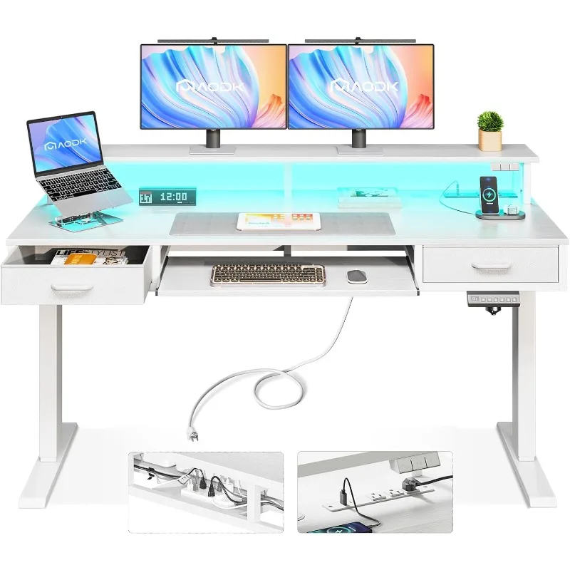 

Electric Standing Desk with Drawers & Keyboard Tray, 55 Inch Height Adjustable Desk with Power Outlets & LED