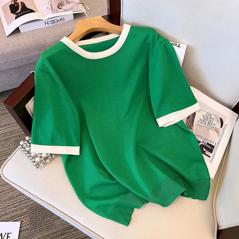 6XL7XL  Women Summer Clothing Big Size Women Clothing Icy Silk Knitted Women T Shirts Shows Thin 100/150/175kg Short Sleeve Tops