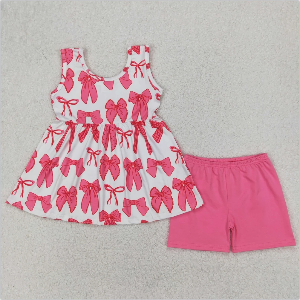 

Hot Sale Infant Baby Girls Clothes Kids Boutique Baby Girls Pink Sleeveless Bows Tunic Short Set Kid Clothes Sets