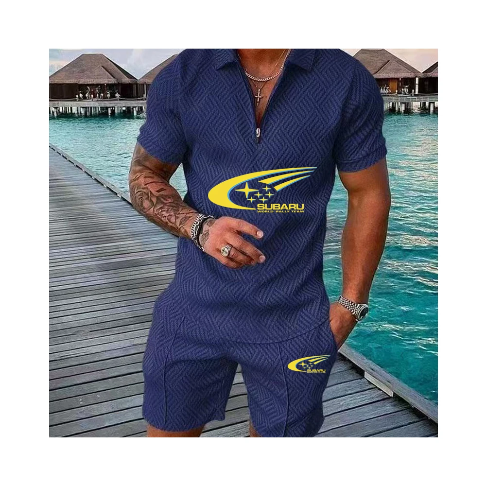 

Men's Polo Shirt European and American Cross border Casual Loose Breathable SUBARU Sports Short sleeved Shorts 2-piece Set