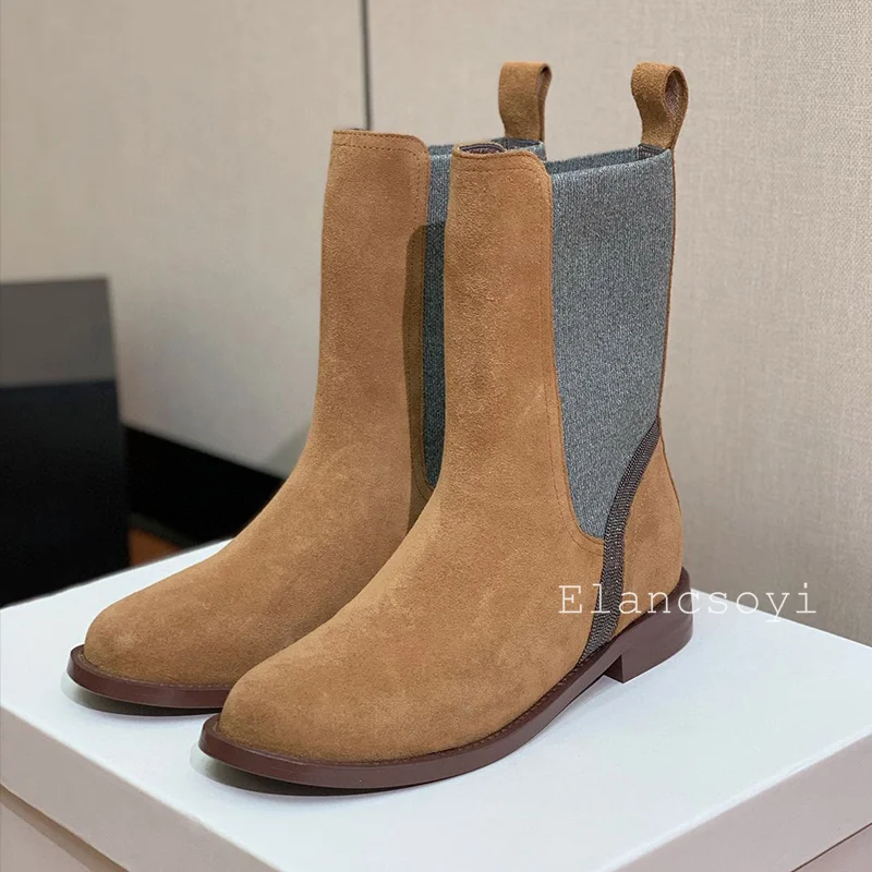 Spring Autumn Round Toe Cow Suede British Style Short Boots Women Elastic Band Square Heels Mid Calf Boots Versatile Modern Boot