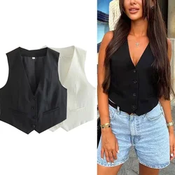 Willshela Women's Vest Black White Cropped Vest Top Women V Neck Sleeveless Vest Woman Fashion Working Summer Suit Vest Coats