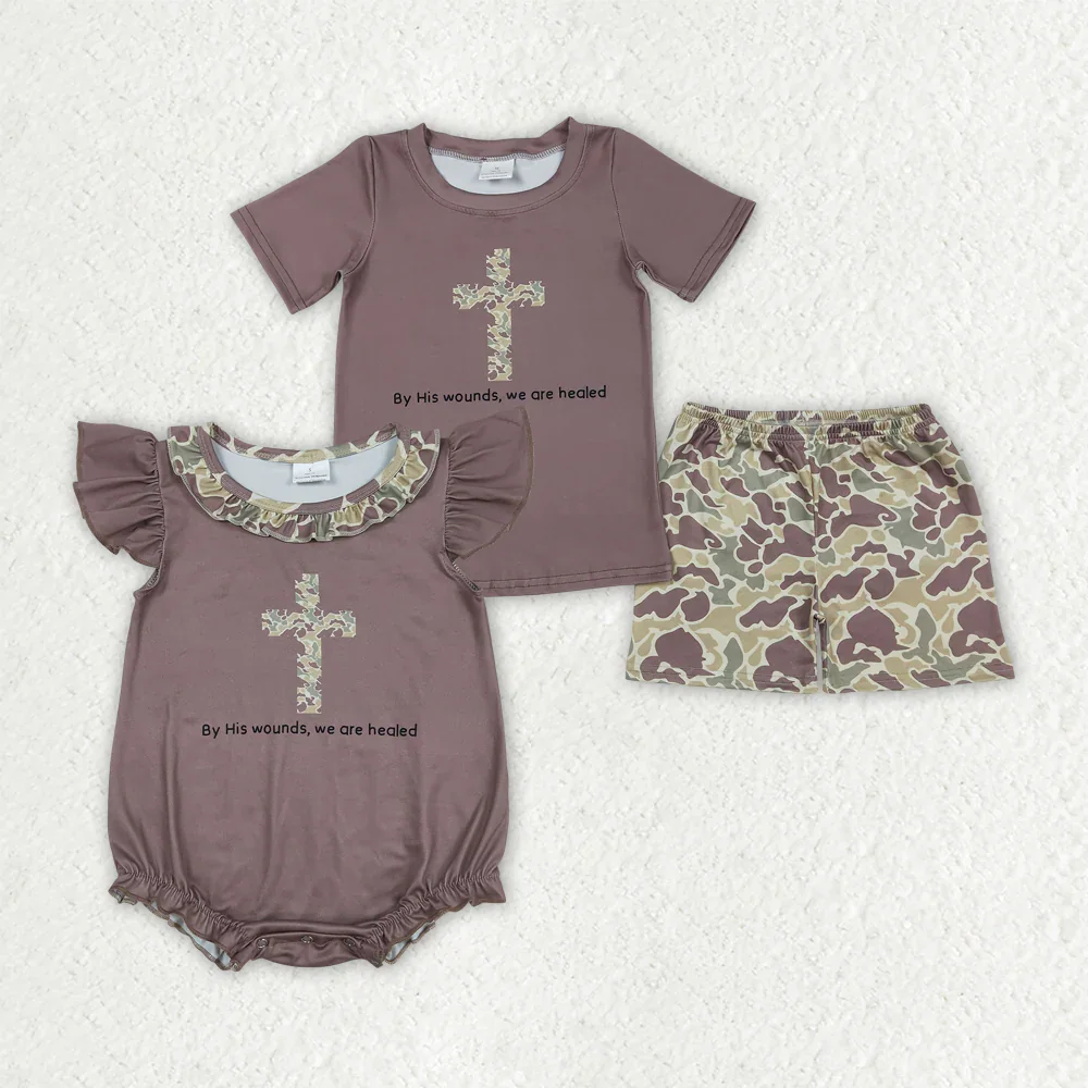 

BSSO1134 Wholesale Summer kids clothes girl Camouflage cross brown short-sleeved shorts sets Boutique baby boy clothes