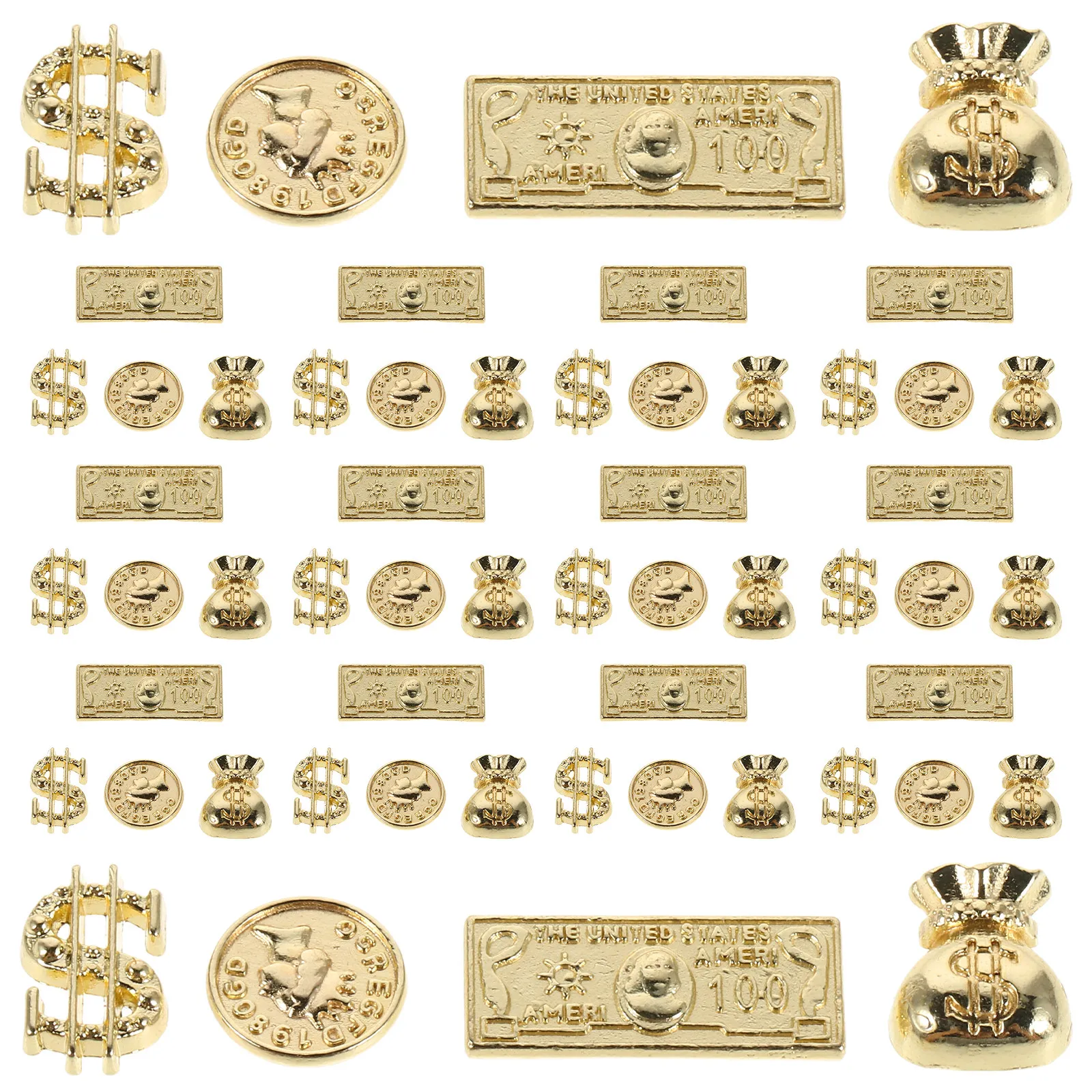 

200Pcs Nail Art Charms Set Gold Tone Money Bag Coin Dollar Multi Shape Metal Flatback for Creative Manicure Travel Event