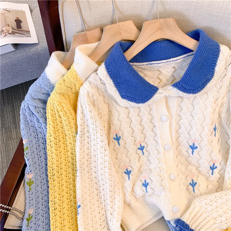 Knitted Cardigan Women Sweaters new Autumn Yellow Fashion Cropped Sweater Floral Cute Sweet Single Breasted Hollow Out Cardigan