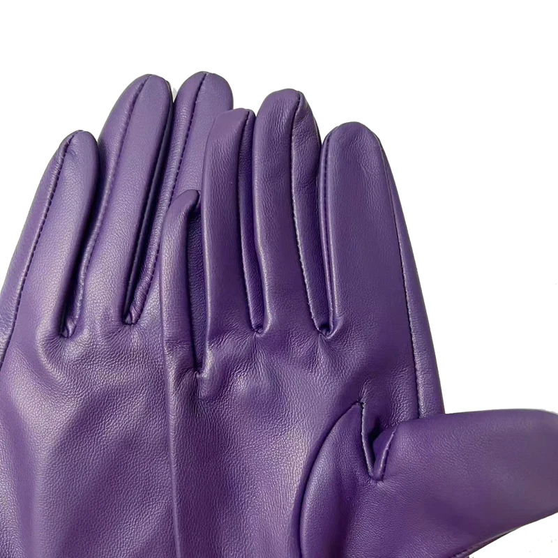 Purple Goatskin Gloves for Women Autumn Winter Vintage Ladies Real Leather Leisure Driving Outdoor Unlined Mittens Arm Warmer