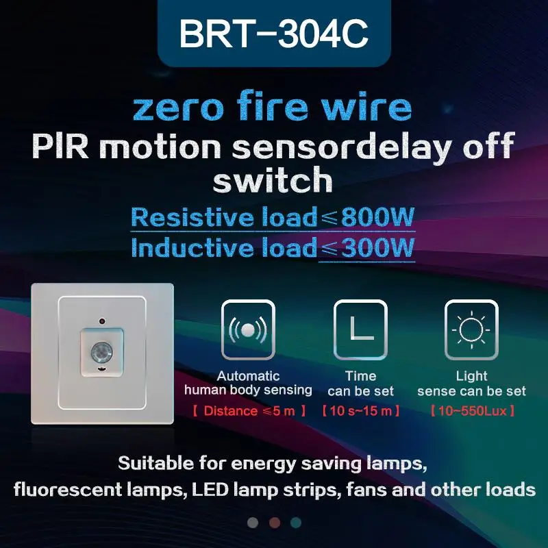 

pir sensor switch Time 220v AC wall Automatic delay off switch zero fire wire stairs Light control motion sensor led lamp switch