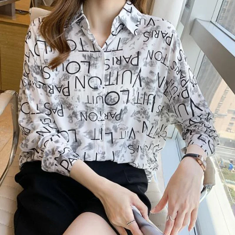Spring Autumn New Turn-down Collar Fashion Long Sleeve Shirt Women High Street Casual Letter Printing Blouse Elegant Button Tops