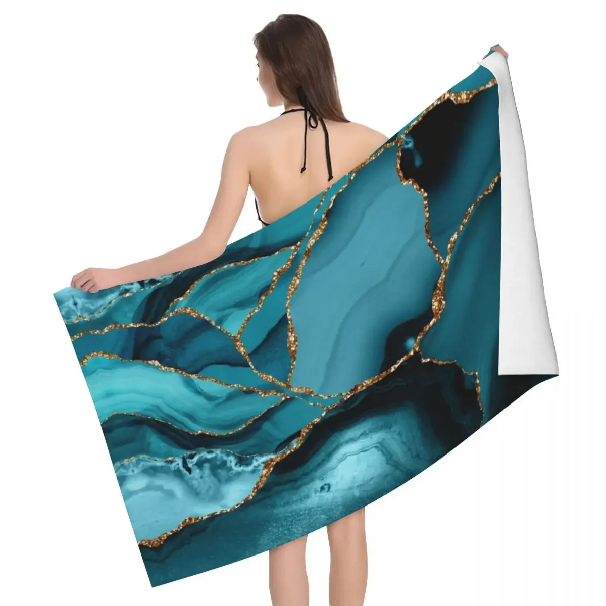 Custom Teal And Gold Marble Landscape Waves Beach Towel Geometric Super Soft Microfiber Bath Towels