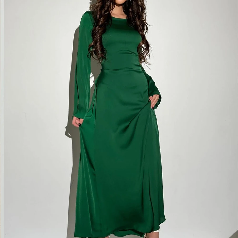 

Floor Length Long Sleeves Chiffon Crew neck A-Line Evening Dress Zipper Back and Lace Up Back Temperament Photo Color Modern