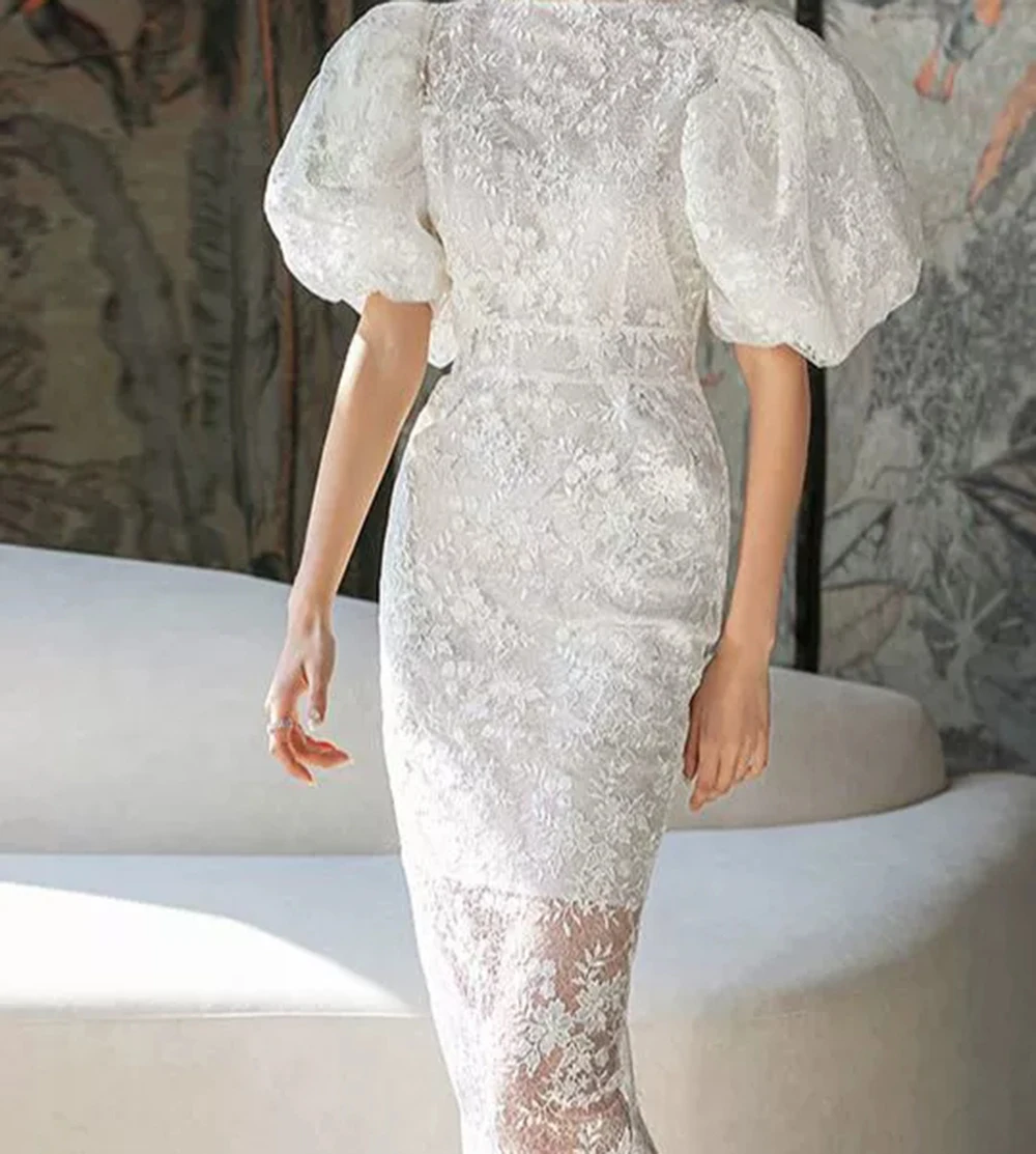 

2025 summer new retro puff sleeve lace sequins heavy embroidery style fashionable temperament slim dress-GZXX706