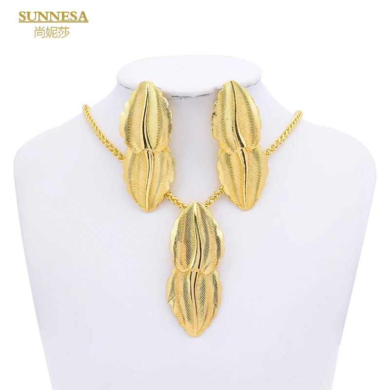 SUNNESA Feather Shape Italian 18k Gold Plated Jewelry Set for Women African Party Gift  Dubai Necklace and Earrings Jewellery