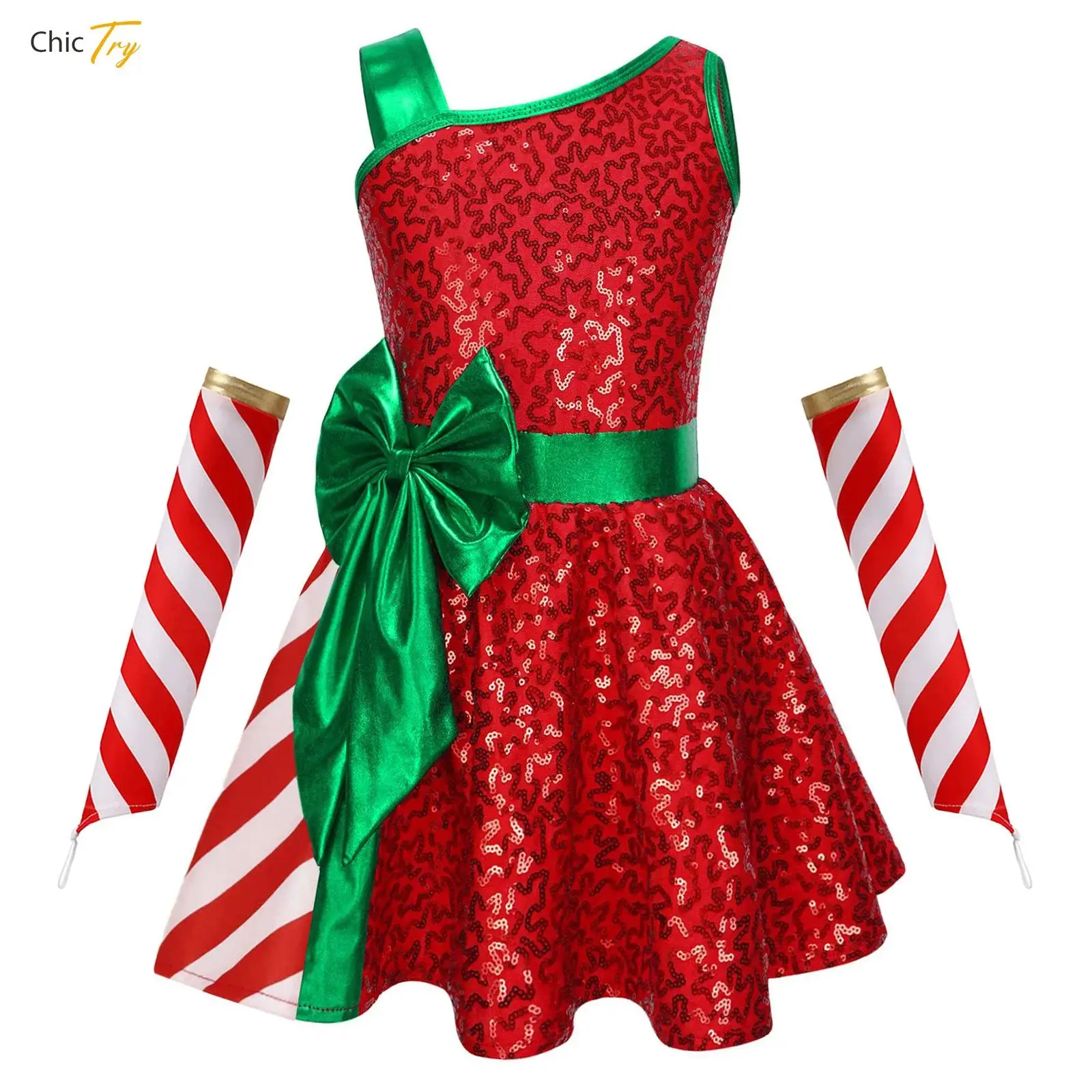 

Детское рождественское трико с блестками для девочек, праздничный костюм на Рождество, Новый год, праздничный костюм, лоскутное платье с нарукавниками и бантом