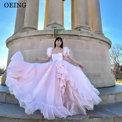 OEING Princess Evening Dresses Sweetheart Baby Pink Puff Sleeves Prom Dresses Formal Party Dresses Ruffles Prom Gown Birthday