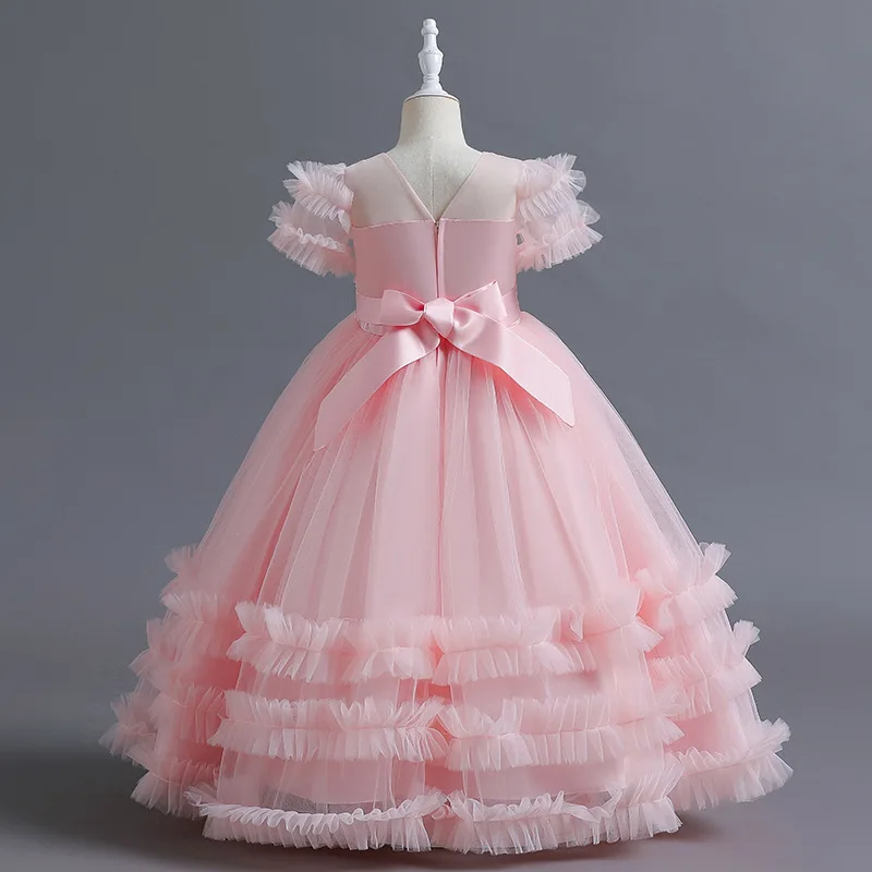 5-14 Years Flower Beading Long Tulle Princess Girls Party Dress Elegant Tutu Child Wedding Clothes vestido infantil