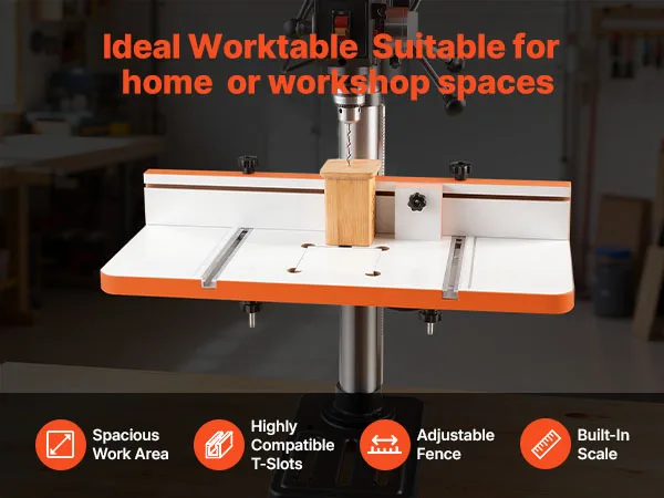 SucceBuy Drill Press Table 24x12Inch Adjustable Fence Stop Block T-Slots MDF Tabletop Built-In Scale Fits Clamps Vises For Drill