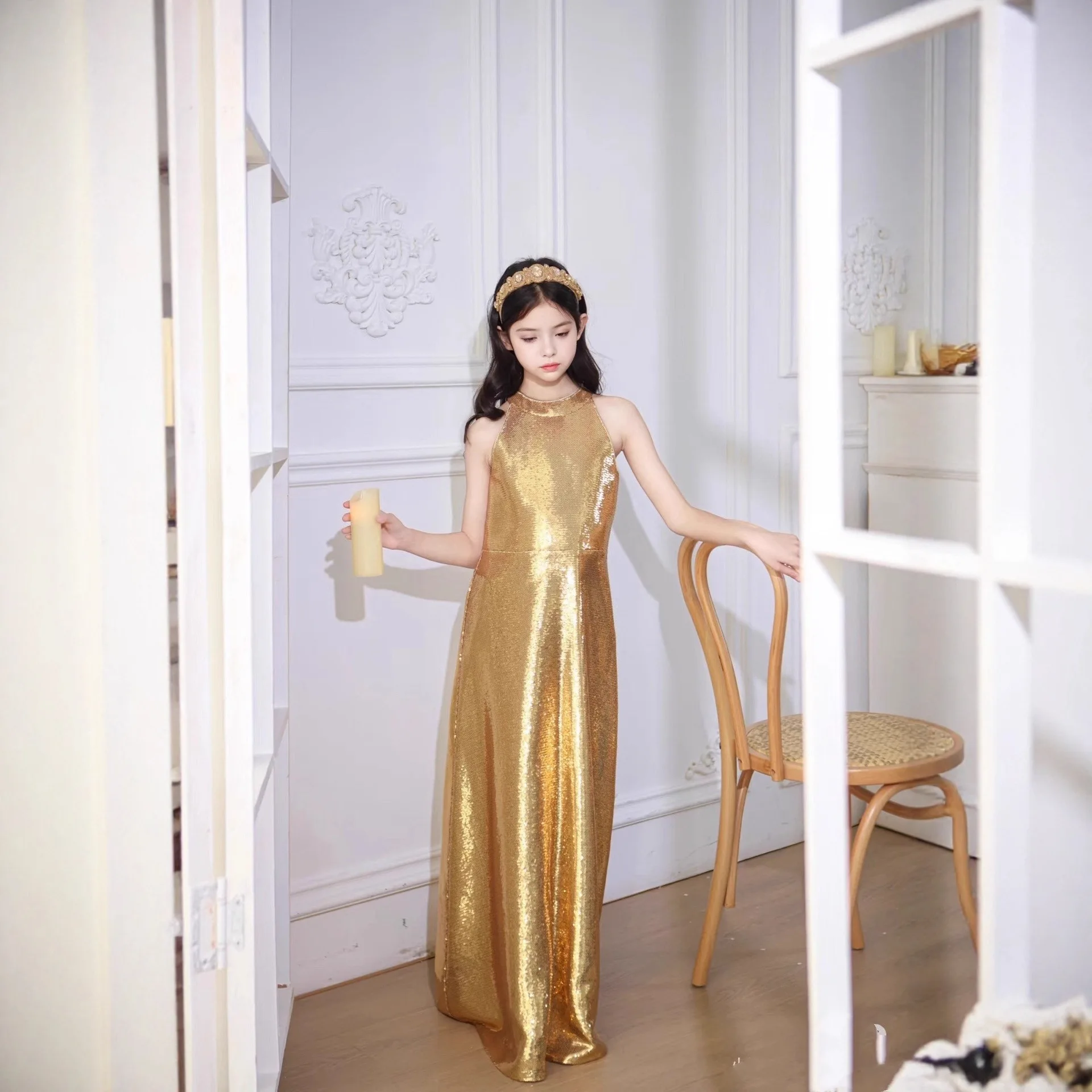 Flower Girl Wedding Dresses Gold Princess Dress New Long Sequin Gowns Round Neck Graduation Prom Evening Gown Host Customized