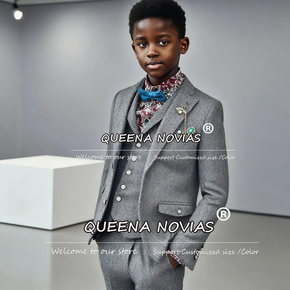 

Classic Herringbone Boys Suits 3 Pieces Sets Single Breasted Kid's Blazers Outfits Customized Children Wedding Party Tuxedos