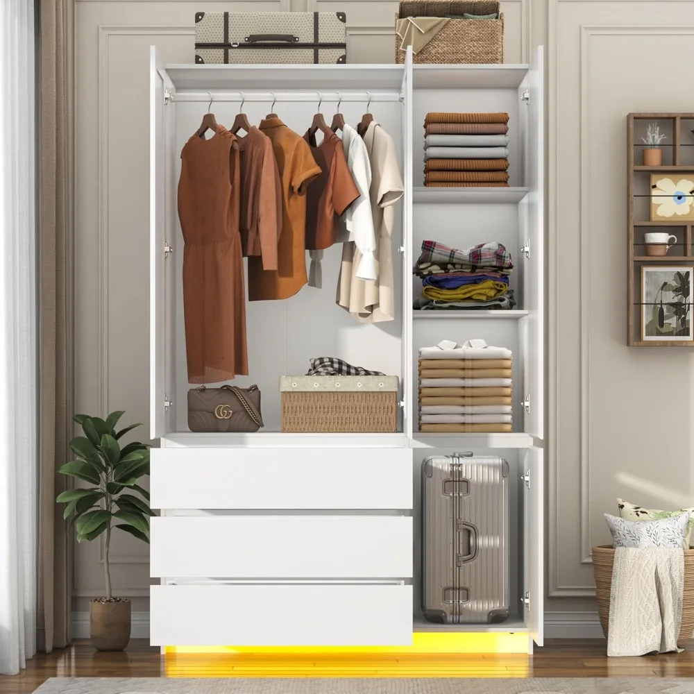 

Three-door Wardrobe with Three Drawers and A Mirror, Modern Wooden Bedroom Wardrobe with Hanging Rod and LED Light