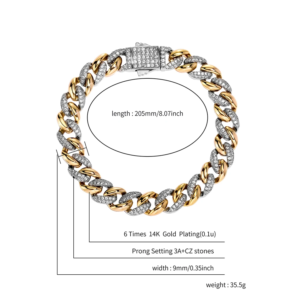 TOPGRILLZ New 9/14MM  Cuban Chain Bracelet With Gold Silver Color Spring Clasp Bling Iced Out CZ Jewelry Gift For Men Women