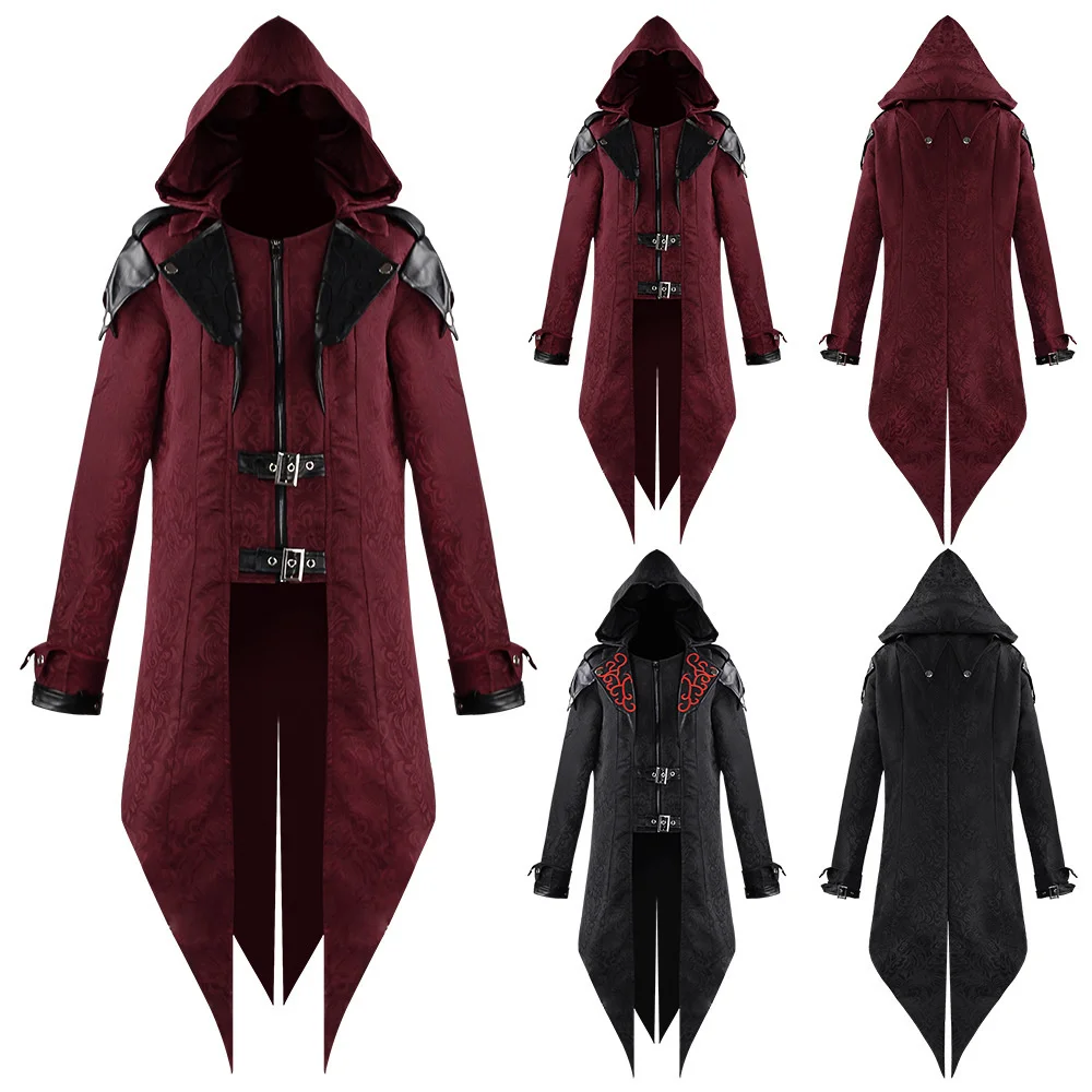 Disfraz de bruja Steampunk Medieval de Halloween para hombres adultos, Chaqueta larga dividida, abrigos de cuero de armadura gótica, negro y rojo, Vintage