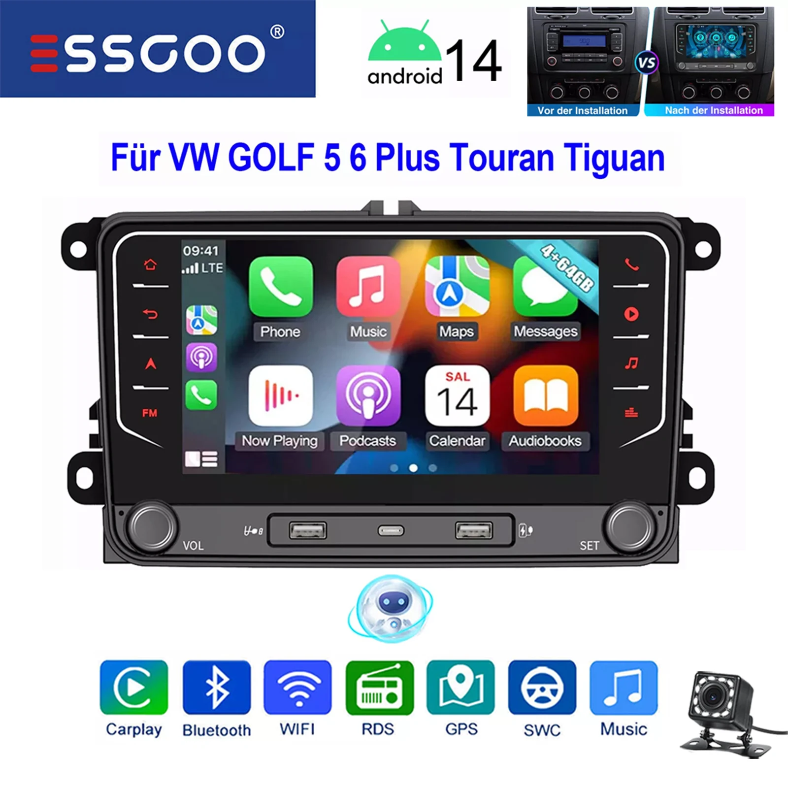 ESSGOO 7" Touchscreen Android 14 Autoradio Multimedia Speler 4+64G CarPlay Android Auto voor VW Golf 5 6 Plus Touran Caddy Jetta Passat Polo GPS Navigatie USB WiFi FM RDS AI Spraakbediening