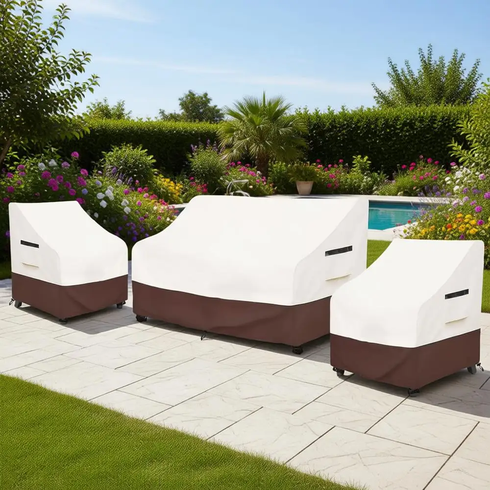 3-Piece Durable Waterproof Outdoor Furniture Cover Set: 2 Chair Covers 30in & 1 Loveseat Cover 58in, Beige